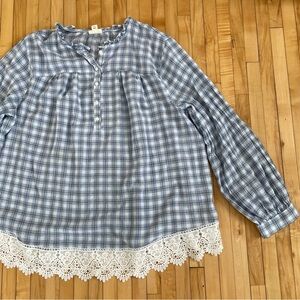 a.n.a Blue Checkered Blouse with Lace Hem
